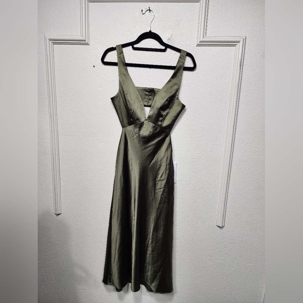 Lulus Unmatched Elegance Olive Satin Sleeveless Midi Dress Wedding Party Prom - Picture 6 of 9
